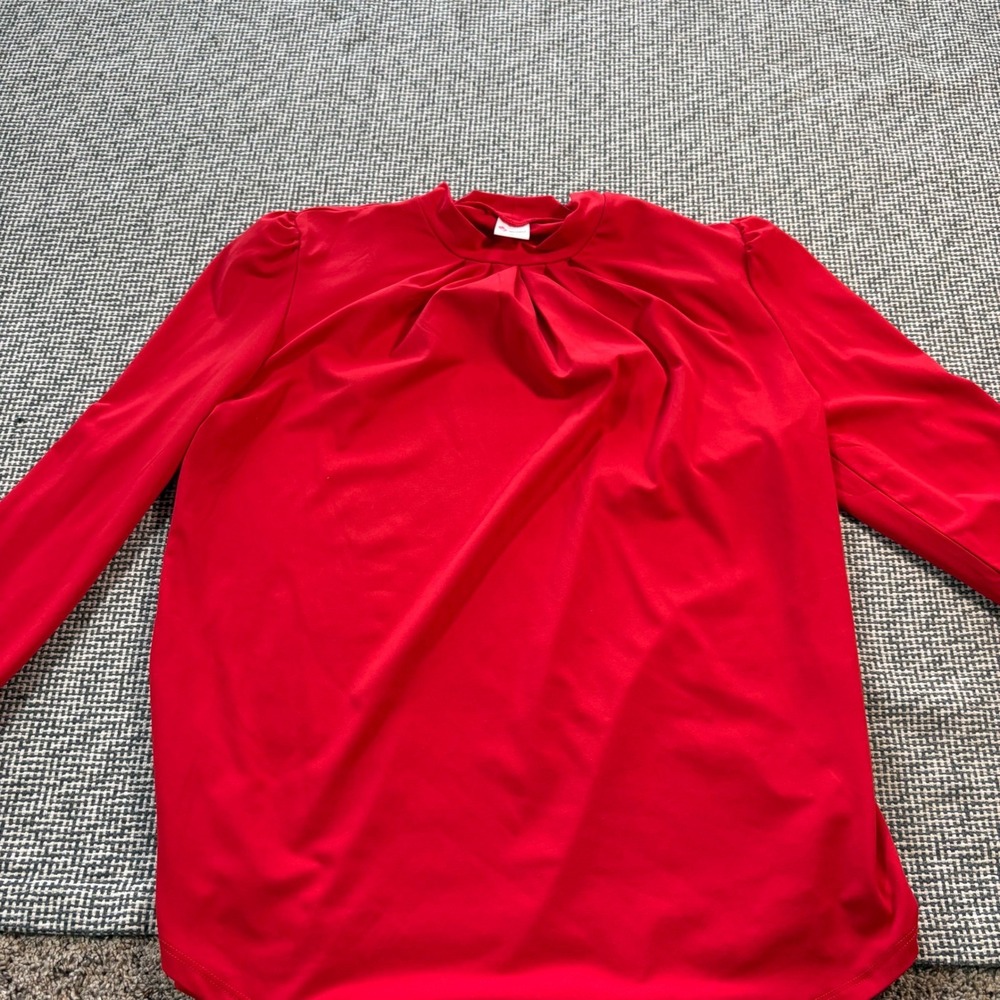 WIHOLL Womens Red Mock Neck Blouse Pleated Long Sleeve Puff Shoulder Top Size M
